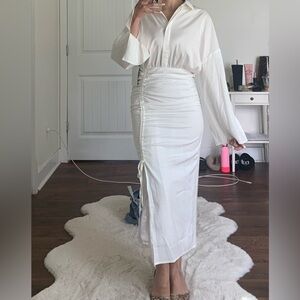 White drawstring maxi long sleeve dress